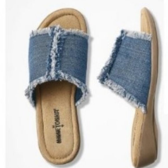 Minnetonka Wedge Sandal Frayed Blue Jean Comfort Slide in Sandal 🆕 Box📦⌚🏃🏻🚚 - Picture 10 of 11